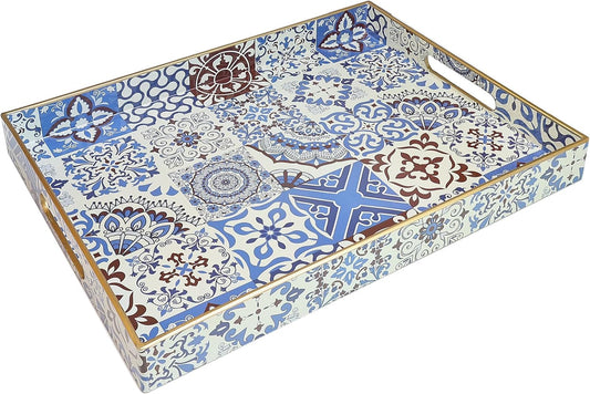 Spsyrine Decorative Serving Tray with Handles, Lacquered Coffee Table Tray for Ottoman, Rectangular Waterproof Platters for Centerpieces, Parties, Living Room, Kitchen Counter Organization SP3040RE1