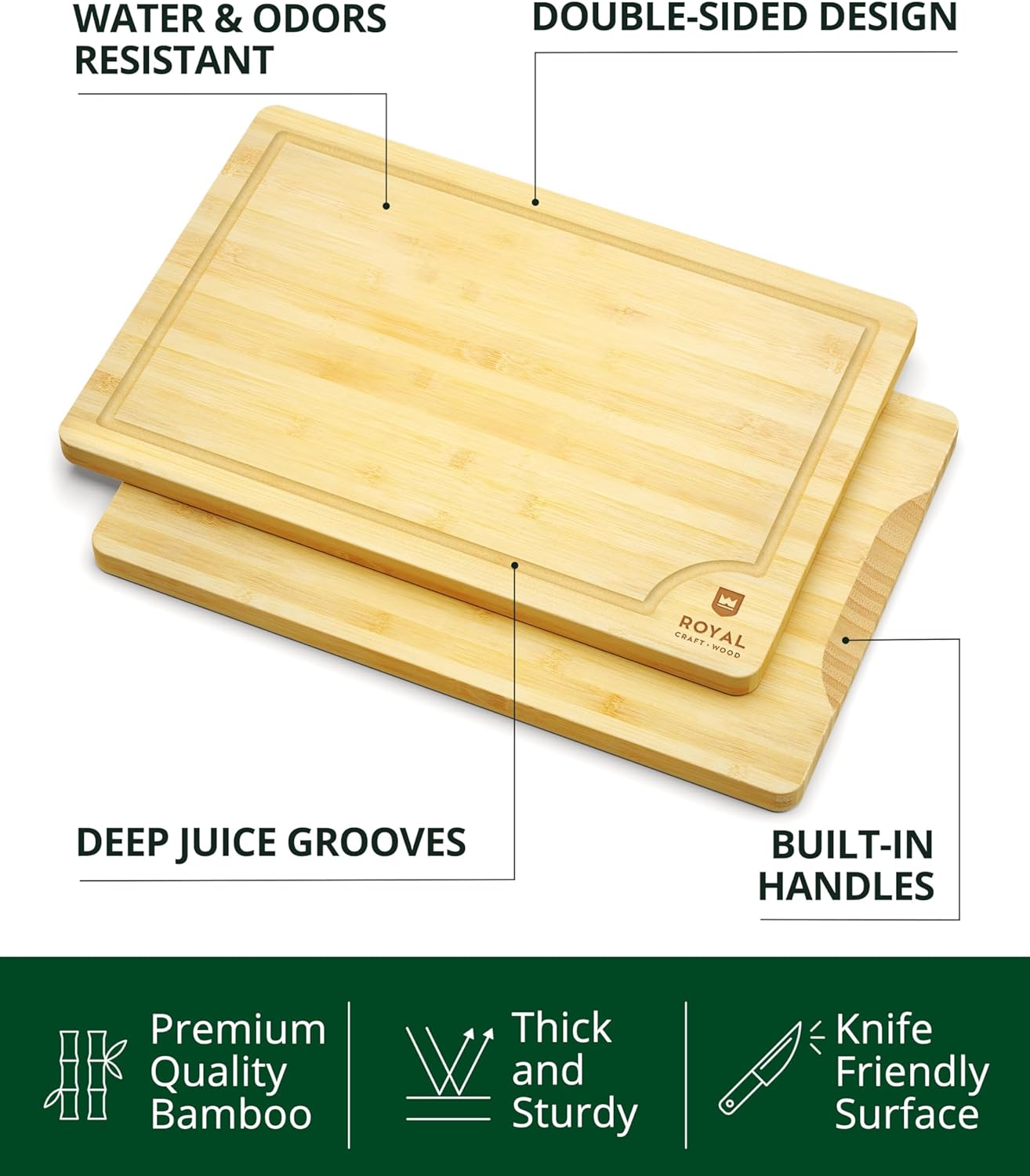ROYAL CRAFT WOOD Wooden Cutting Boards for Kitchen Meal Prep & Serving - Bamboo Wood Serving Board with Deep Juice Groove Side Handles - Charcuterie & Chopping Butcher Block for Meat