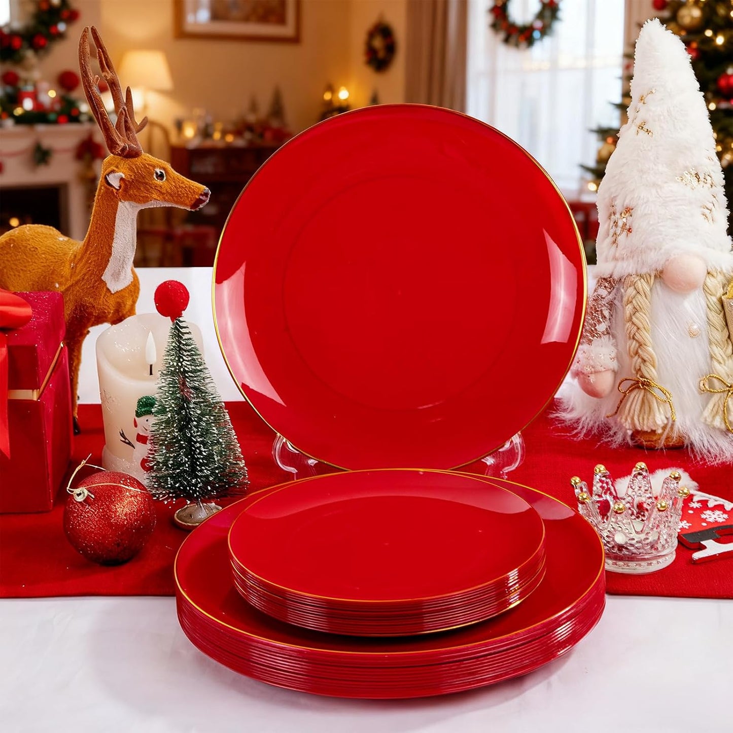 DaYammi 150Pcs Red Plastic Plates & Gold Cutlery with Red Handle,Christmas Disposable Plates Set Include 30 Dinner Plate, 30 Dessert Plate,30 Knives,30 Forks,30 Spoons for Christmas Party Holiday
