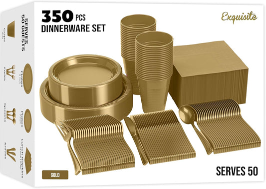 Party Solids 350 Pieces Gold Plastic Plates For Party, Gold Disposable Plates Set, 50 Of Each 9" Dinner Plate Set, 7" Dessert Plate, Cups, Napkins & Cutlery Plastic Dinnerware