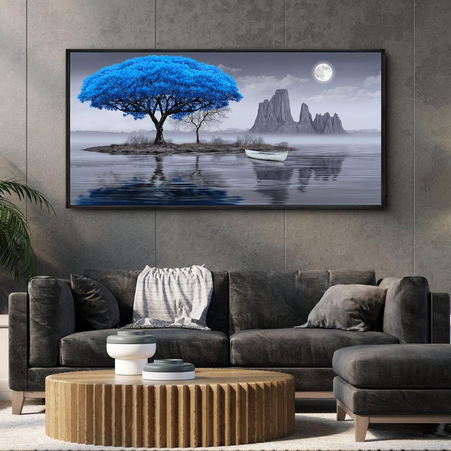 XLSJERST Wall Art for Living Room - Black and White Blue tree Moon Canvas Wall Decor for Home artwork Painting 58x29 Inches Canvas Print for Bedroom Decor Modern Salon Kitchen Office Hang a Picture