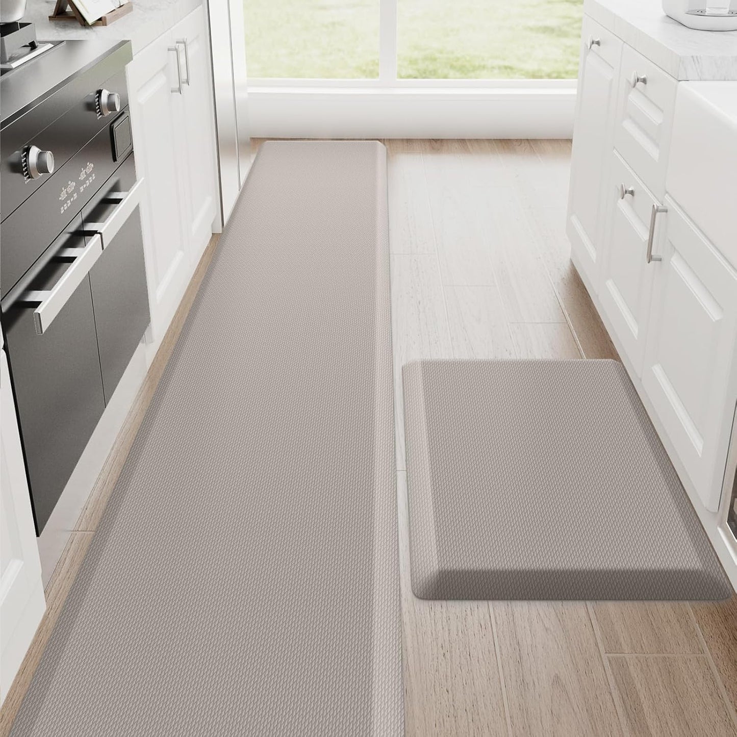 StepRite Kitchen Mats, 2PCS Kitchen Rugs, Cushioned Anti Fatigue Kitchen Mats for Floor, Non-Slip Standing Desk Mat, Waterproof Kitchen Rug Set for Kitchen,20" x 32"+20" x 94.5"-Full 1inch Thick,Khaki
