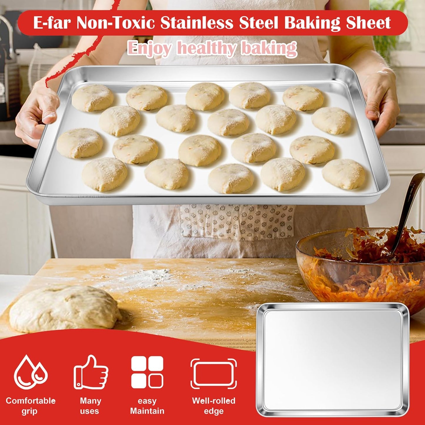 E-far Cookie Sheets Set of 4, 18”x13” Stainless Steel Baking Sheet Pans for Oven, Large Non Toxic Metal Baking Tray for Baking Roasting, Healthy & Rust Free, Mirror Finish & Dishwasher Safe