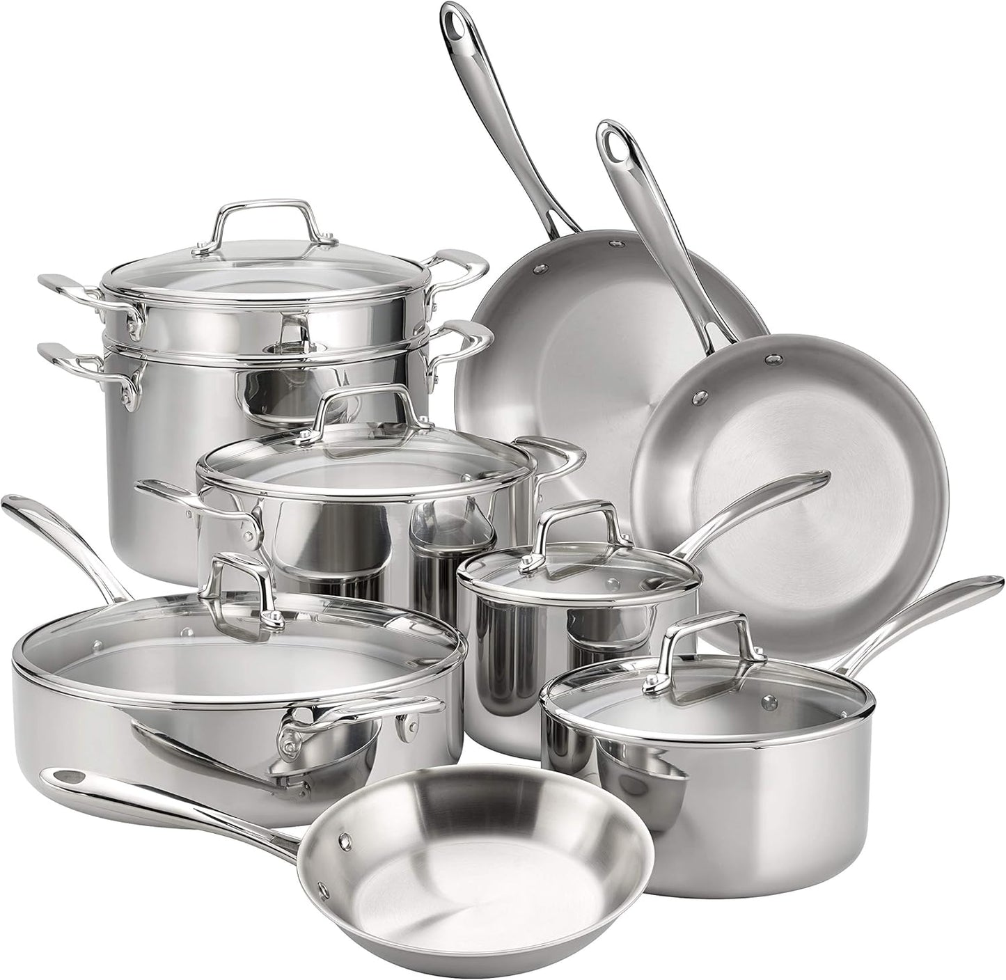 Tramontina Tri-Ply Clad Stainless Steel 14-Piece Cookware Set with Glass Lids, Pots and Pans Kitchen Set, Induction-Ready, Dishwasher-Safe, NSF-Certified