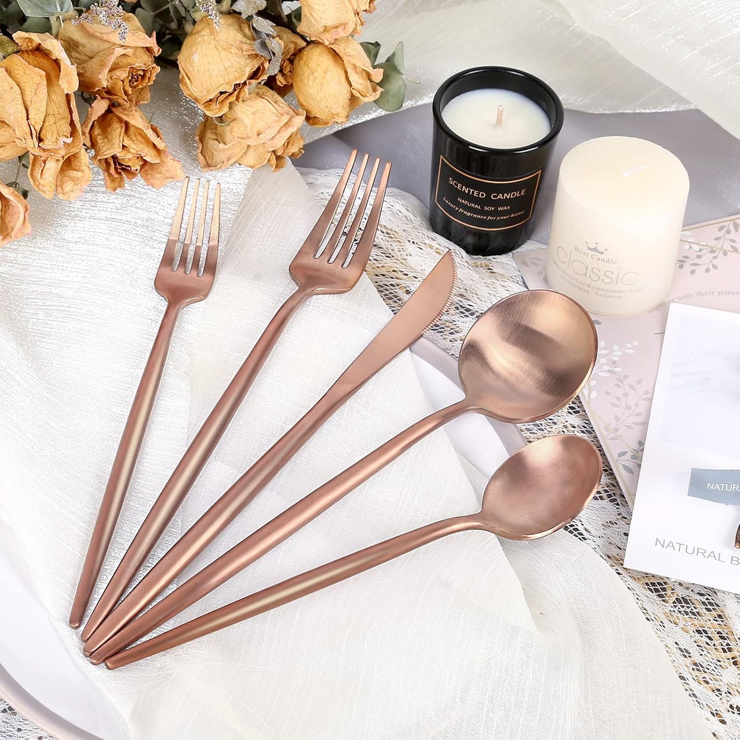 Matte Rose Gold Silverware Set 30 Pieces, FAMEWARE Stainless Steel Flatware Set，Service for 6，Kitchen Utensil Set, Tableware Cutlery Set, Satin Finished Polished & Dishwasher Safe
