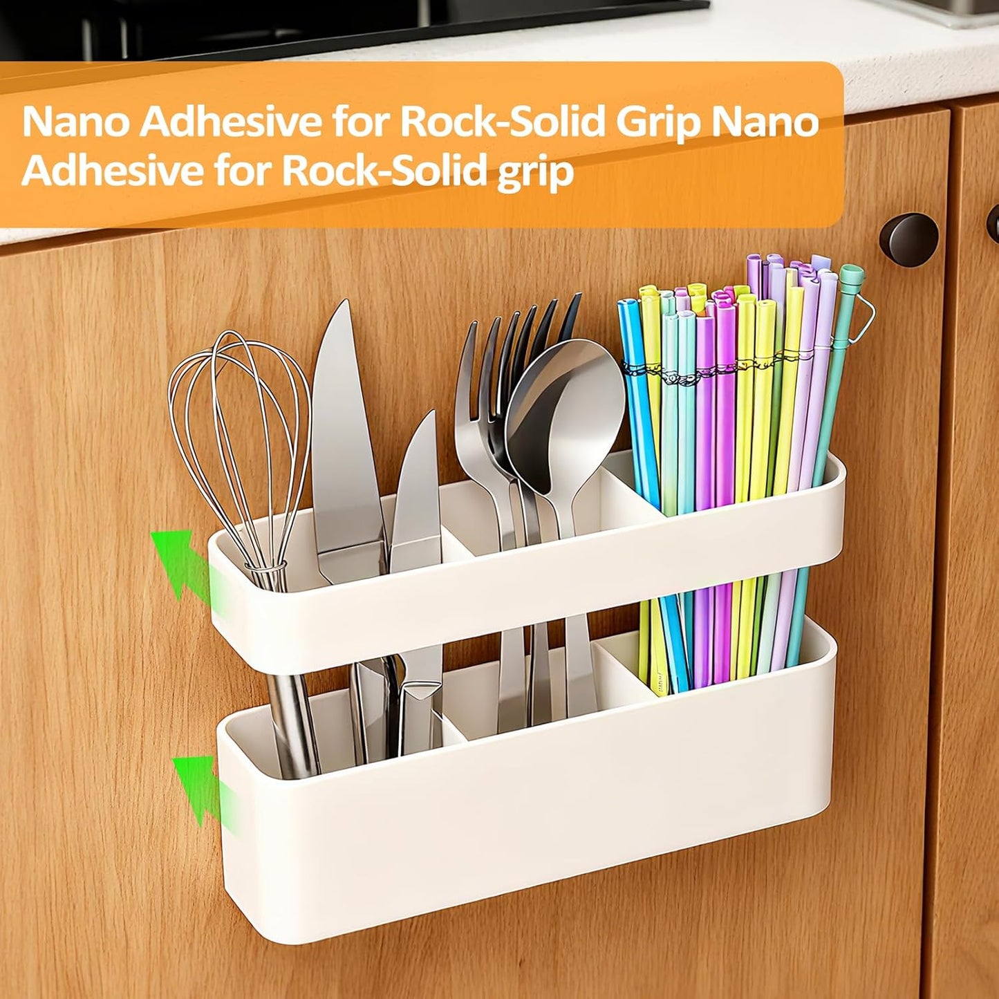 2-Pack Silicone Straw Holder for Cabinet Door,Reusable Adhesive Container for Kitchen Storage Solutions, Cupboard Organizer and Space Saving Hacks (White)