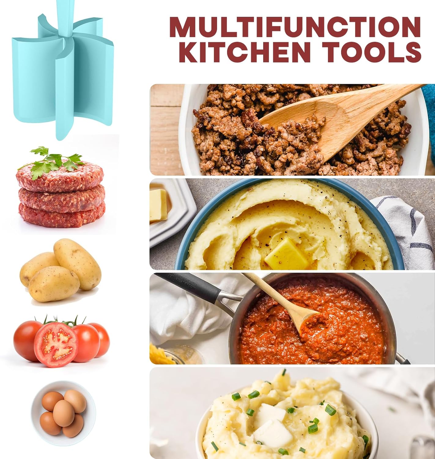 2 Pcs Meat Chopper, Upgrade Hamburger Grinder, Premium Heat Resistant Meat Masher for Ground Beef, Nylon Smasher Tool, Non Stick Mix Chopper, Hamburger Smasher Safe-Aqua