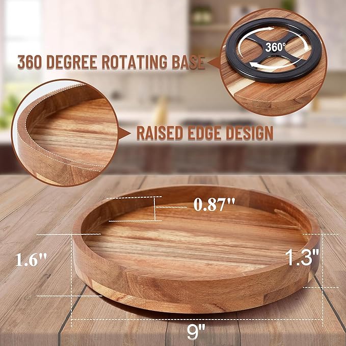 9 Inch Acacia Wood Lazy Susan Organizer for Cabinet, Lazy Susan Turntable for Countertop Table Pantry, Kitchen Turntable Storege Container