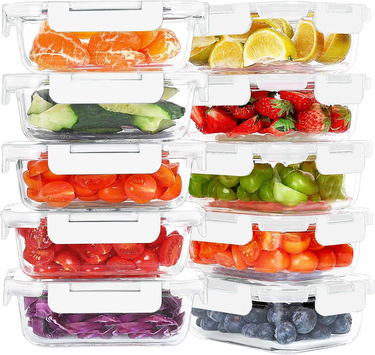 KOMUEE 10 Packs 22 oz Glass Meal Prep Containers, Glass Food Storage Containers with Lids, Airtight Lunch Boxes BPA Free, Microwave and Freezer Safe, White