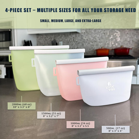 Reusable Silicone Food Storage Bags – Set of 4 Multicolor (500ml/17oz, 1000ml/34oz, 1500ml/51oz, 2000ml/68oz) – Leakproof, Freezer, Microwave, Oven & Dishwasher Safe, BPA-Free