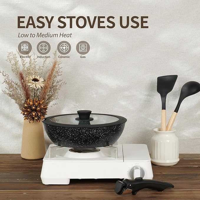 Nonstick Ceramic Cookware Set 21PCS with Detachable Handle, Pans and Pots Set, RV Kitchen Set Cookware Set, Pan Pots with Removable Handles, Oven Safe, Induction Ready(Black)