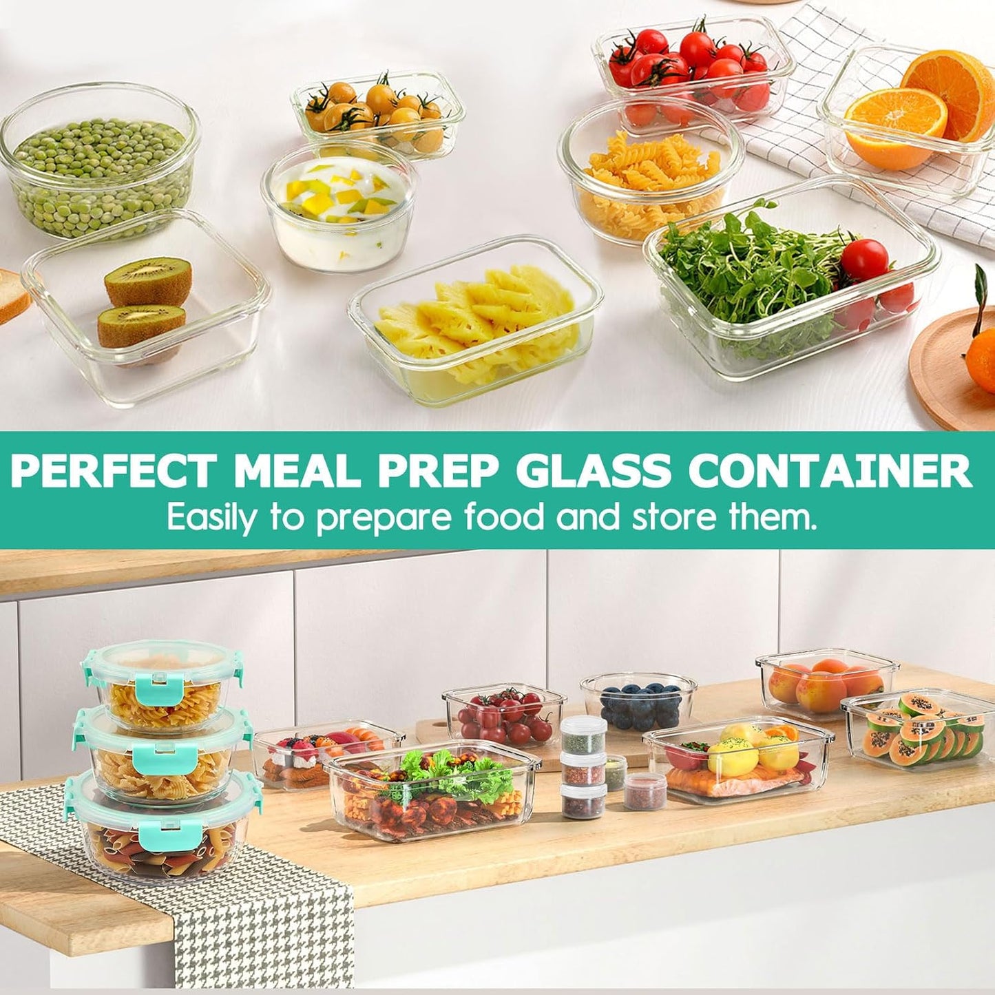 34pcs Glass Food Storage Containers with Lids Set, Airtight Glass Meal Prep Containers (17 Containers & 17 Lids), Leak Proof Lunch Containers BPA-Free, Microwave, Oven, Freezer, Dishwasher Safe-Green