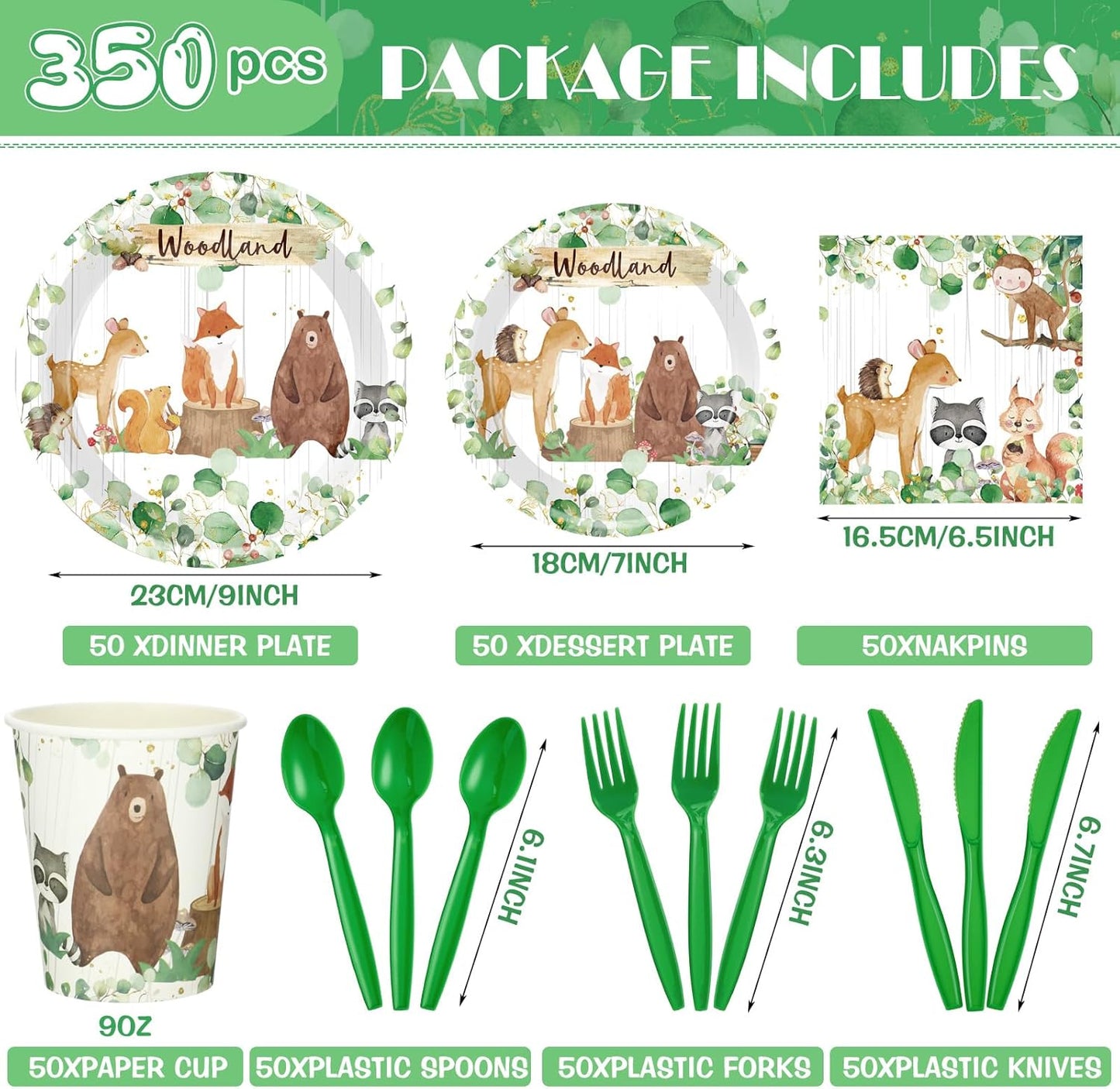 Dandat 350 Pcs Baby Shower Plates Set Baby Shower Party Supplies Serves 50 Tableware Sets Include Plates Napkin Cup Forks Knives Spoons Disposable Dinnerware(Woodland,Green)