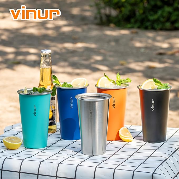 VINUR 4 Pack Stainless Steel Cups 20 oz Pint Tumbler Stackable Metal Drinking Glasses for Travel, Camping, Outdoors (Green-Black-Teal-Navy)