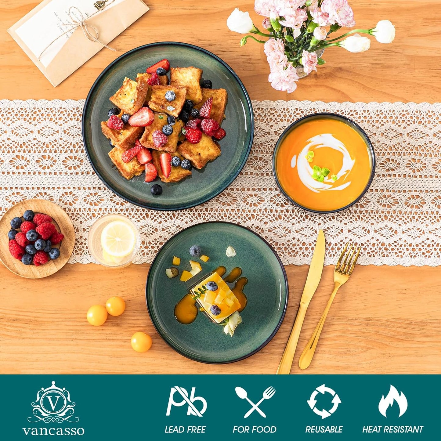 vancasso Starry 12 Pieces Dinnerware Sets for 4, Green Reactive Glaze Dishes Sets, Ceramic Plates and Bowls Set, Dinner Salad Dessert Plates, and Cereal Bowls Set, Dishwasher and Microwave Safe