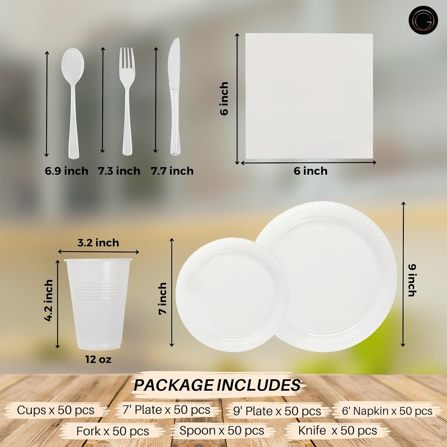 350 Piece Frost & Clear Disposable Dinnerware Set 50 Guests, Plastic Party Plates And Cups And Napkins Sets - 50 Count 9" Dinner Plates, 7" Dessert Plates, 12oz Cups, Paper Napkins,Forks-Knives-Spoons