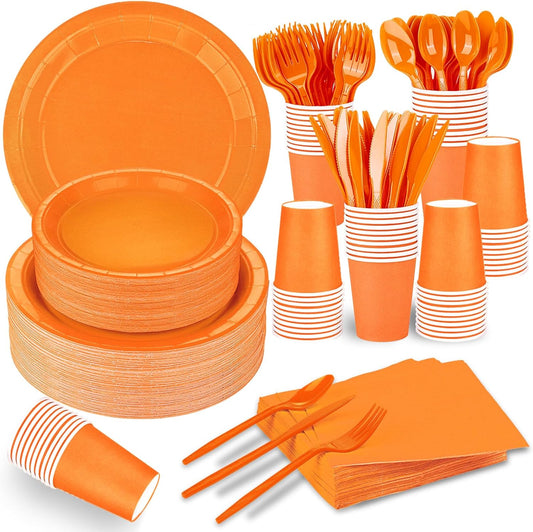 TWOWYHI 228PCS Orange Party Supplies Set Include Paper Plates Cups Paper Napkins Plastic Spoons Forks Knives for 30 Guests Disposable Party Dinnerware for Birthday Wedding Family Picnic