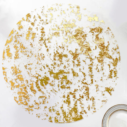 Disposable Gold Placemats Set of 24 Metallic Thin Round 13 Inch Glitter Foil Gold Charger Mesh Pressed Fall Table Mates 24 Pack Gold Doilies for Wedding Birthday Party