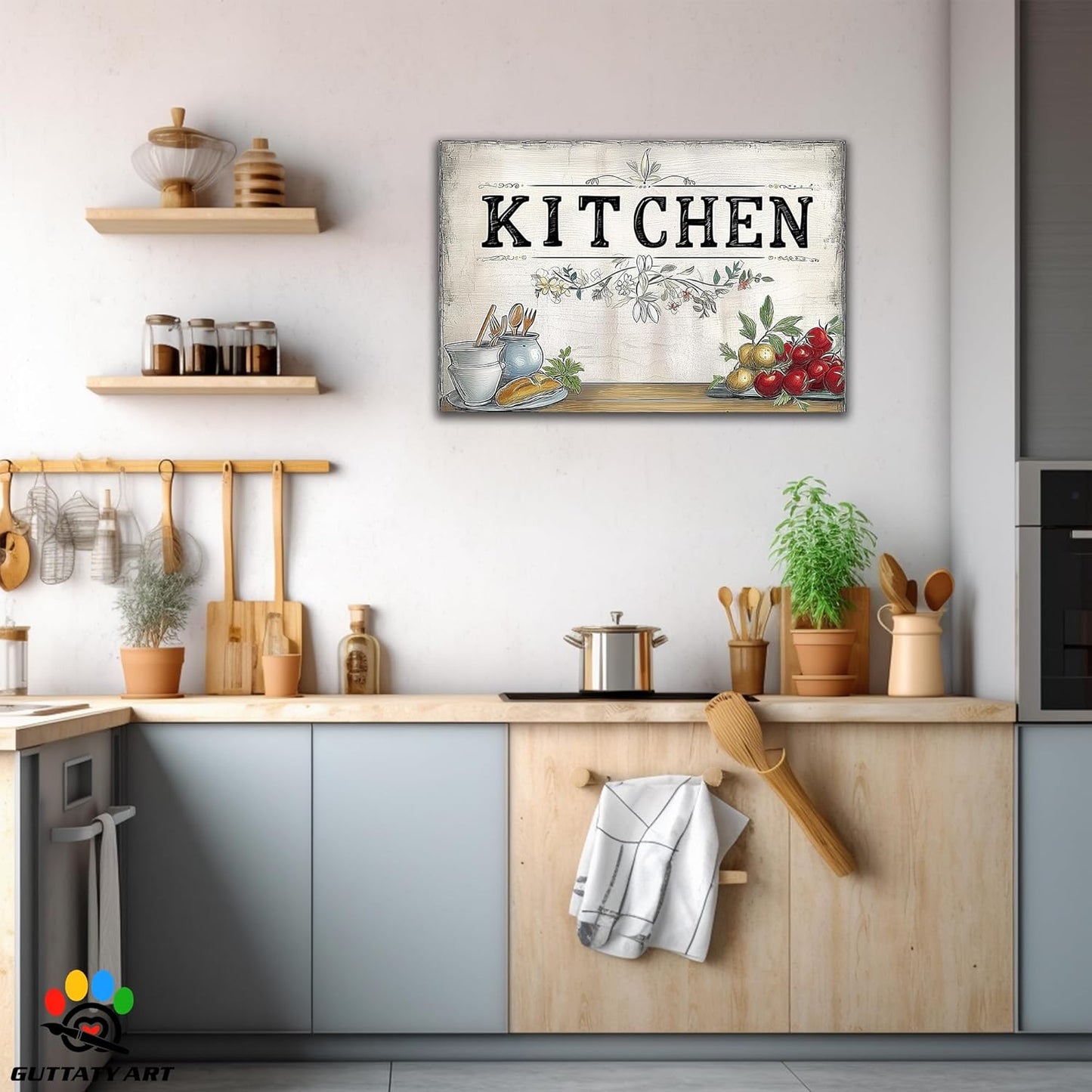 GUTTATY Farmhouse Wall Art Rustic Kitchen Decor, Ready to Hang Kitchen Canvas Print Spoon And Tomato Retro Posters Prints for Dinning Room Home Kitchen Restaurant Painting 28×40 Inch