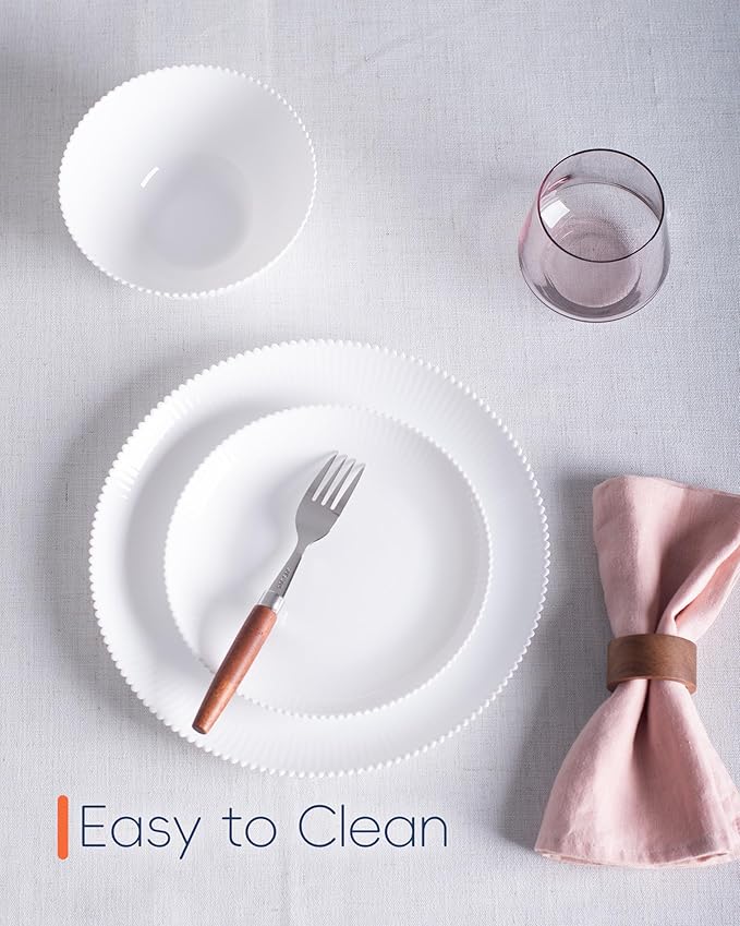 Dinnerware Sets for 4, 12 Pieces Opal Glass Plates and Bowls Set, Dishwasher and Microwave Safe Ribbed Dish Dinning Ware, Chip and Scratch Resistant Dishware, White