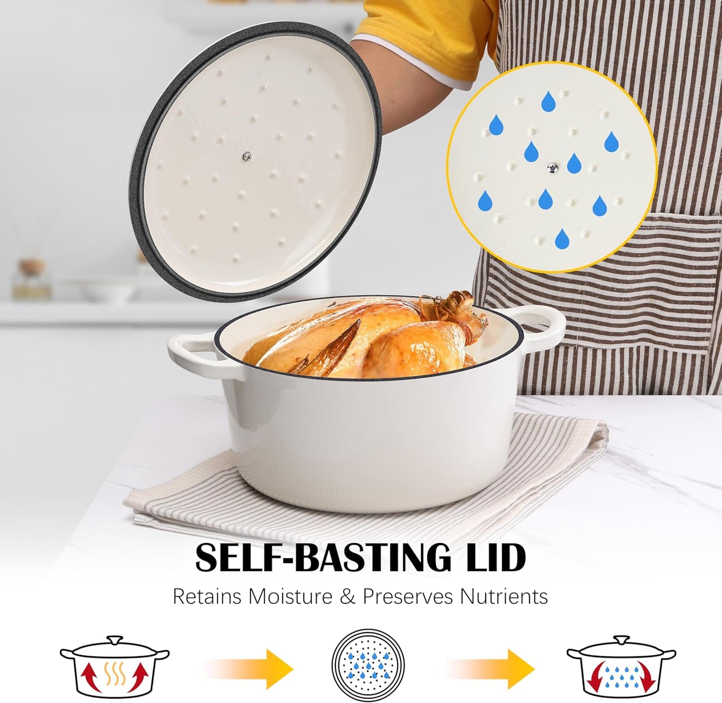 E-far Enameled Dutch Oven Pot for Bread Baking, 6QT Enameled Cast Iron Cookware with Self-Basting Lid & Sourdough Bread Baking Supplies, Heavy Duty Casserole Pot & Dual Handles-White