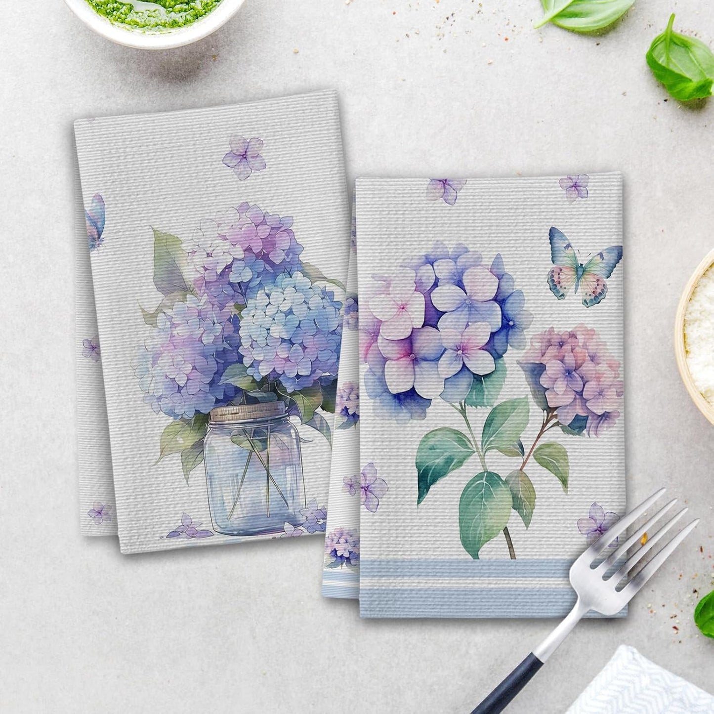 Hydrangea Kitchen Towels, Butterfly House Hand Towel Set of 2, Summer Flowers Gifts for Home Bathroom Holiday Decor - A05