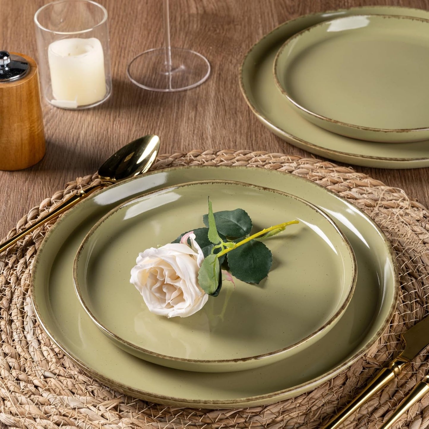 AmorArc Ceramic Dinnerware Sets for 4, 12 Pieces Handpainted Plates and Bowls Set with Rustic Terracotta Underside, Scratch Resistant Stoneware Dishes Set, Dishwasher & Microwave Safe, Olive Green