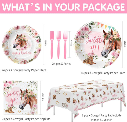 Cowgirl Party Decorations Tableware - Western Horse Birthday Party Supplies For Girl, Plate, Napkin, Fork, Tablecloth, Wild West Cowgirl Birthday Baby Shower Decorations Dinnerware | Serve 24