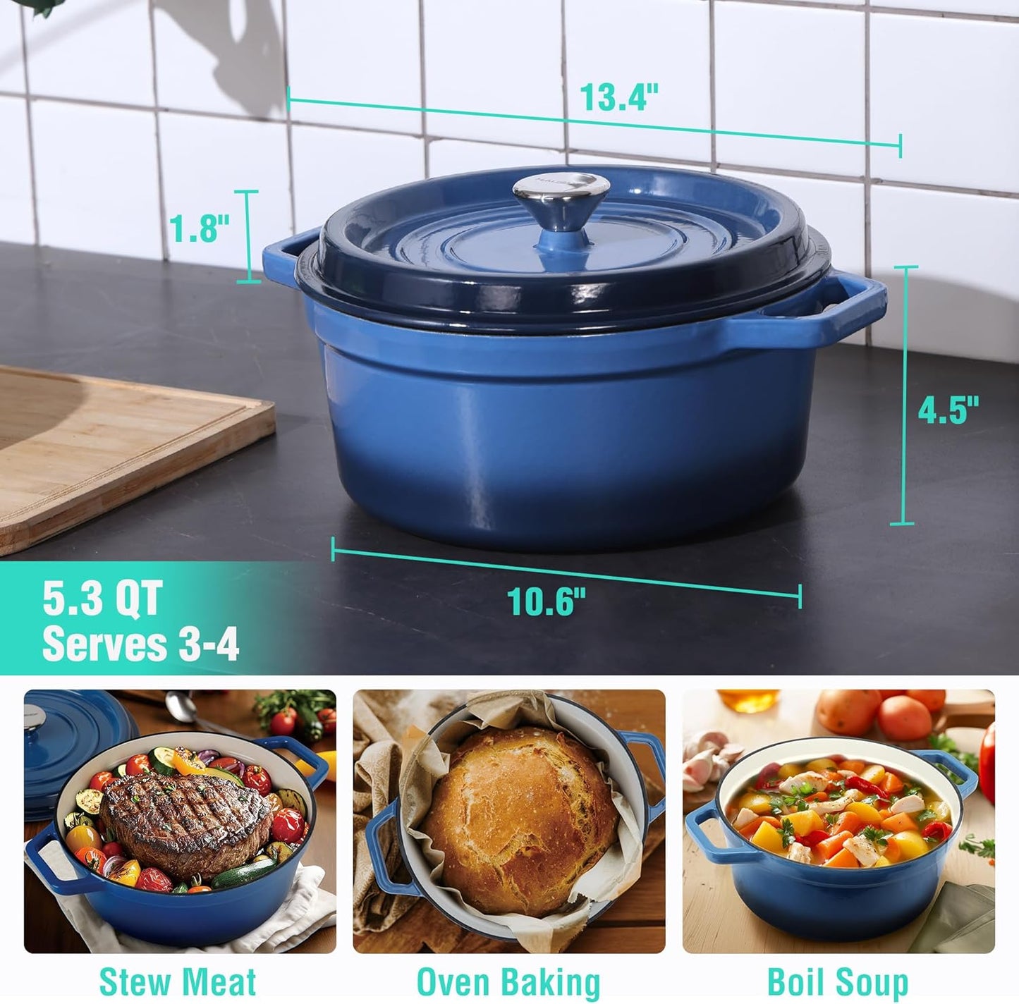 HAUSHOF 5.3QT Enameled Cast Iron Dutch Oven with Lid, Non-Stick Pot for Sourdough Bread Baking, Stewing, Rosting, Blue