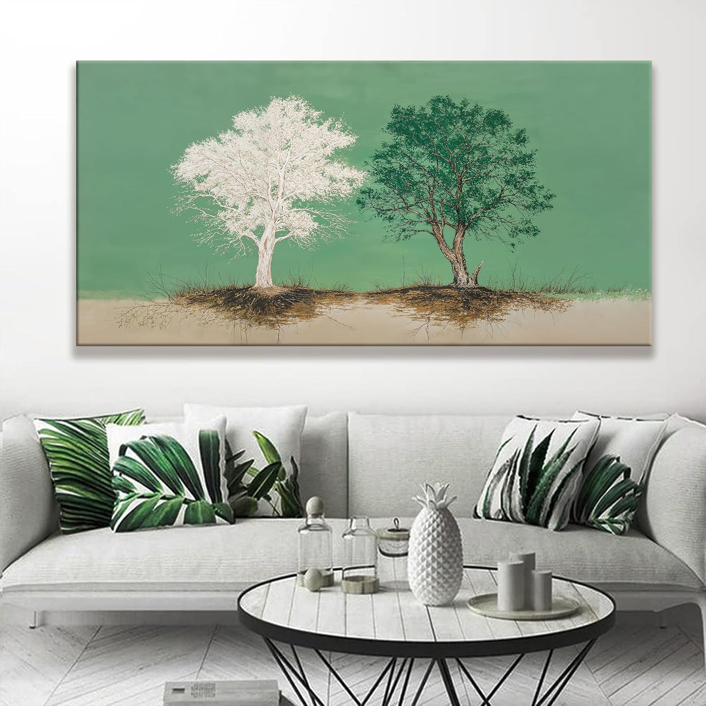 Large Canvas Art Wall Decor Pure White And Green Tree Of Life Wall Art Decoration Modern Home Wall Decor Abstract Wall Art For Living Room Bedroom Kitchen Office 29x58 Inch