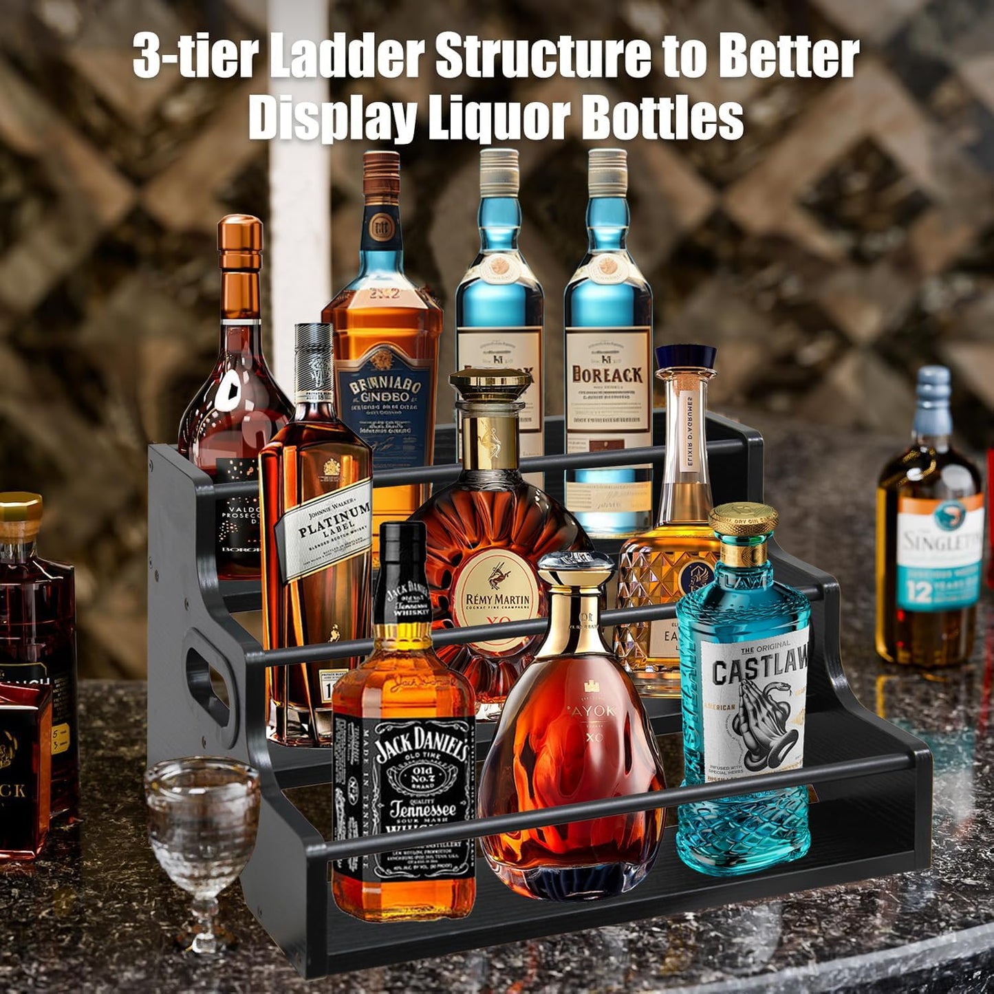 AT-VALY 3-Tier Countertop Wine Rack, Iron&MDF Kitchen Storage Shelf, Space-Saving Countertop Organizer for Spices, Herbs, Seasonings, Sturdy Stylish Condiment Holder(Black Grain)