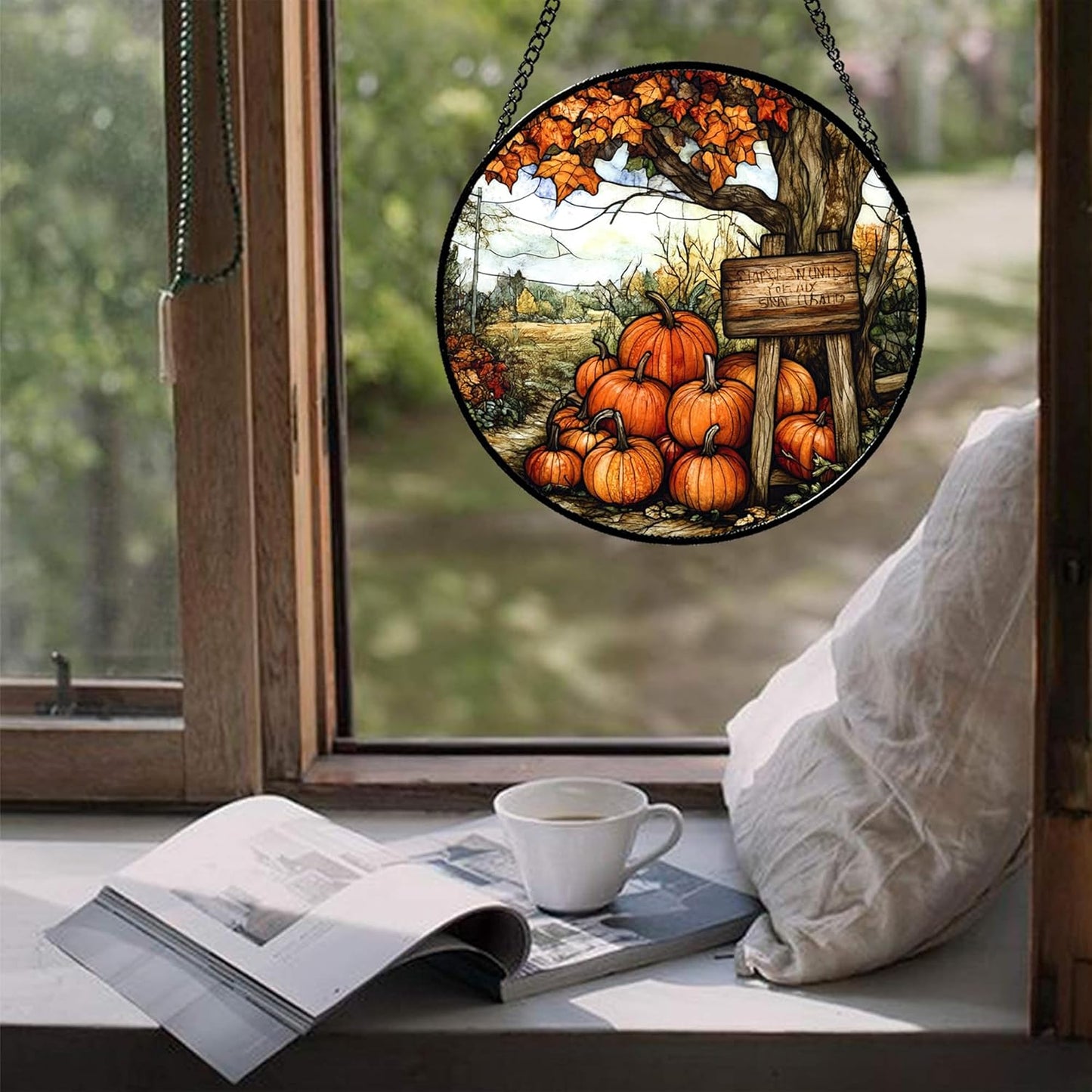 Stained Glass Window Hanging Fall Farm Scenery Maple Trees Pumpkin Large 15" - Suncatcher Door Garden Kitchen Sun Catcher Autumn Decor Birthday for Mom Nana Men Woman Friend