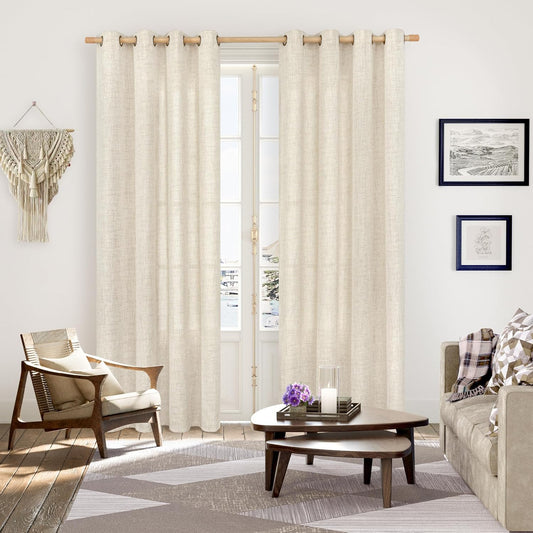 YoungsTex 84 Inches Long Linen Semi Sheer Curtains for Living Room 2 Panels - Light Filtering Window Treatments with Bronze Grommet Rustic Drapes for Country Bedroom, 52 x 84 Inch