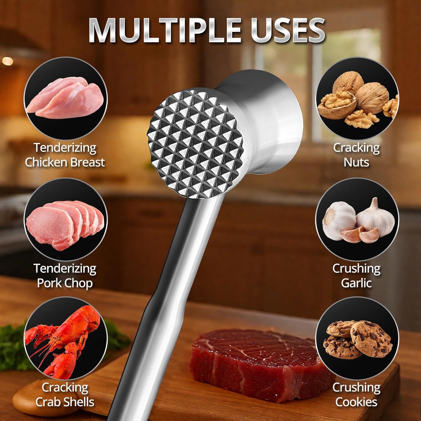 Stainless Steel Meat Tenderizer Hammer – Heavy-Duty All-Metal Design, Anti-Rust & Dishwasher Safe – Textured Surface for Steak, Chicken, Pork, and More