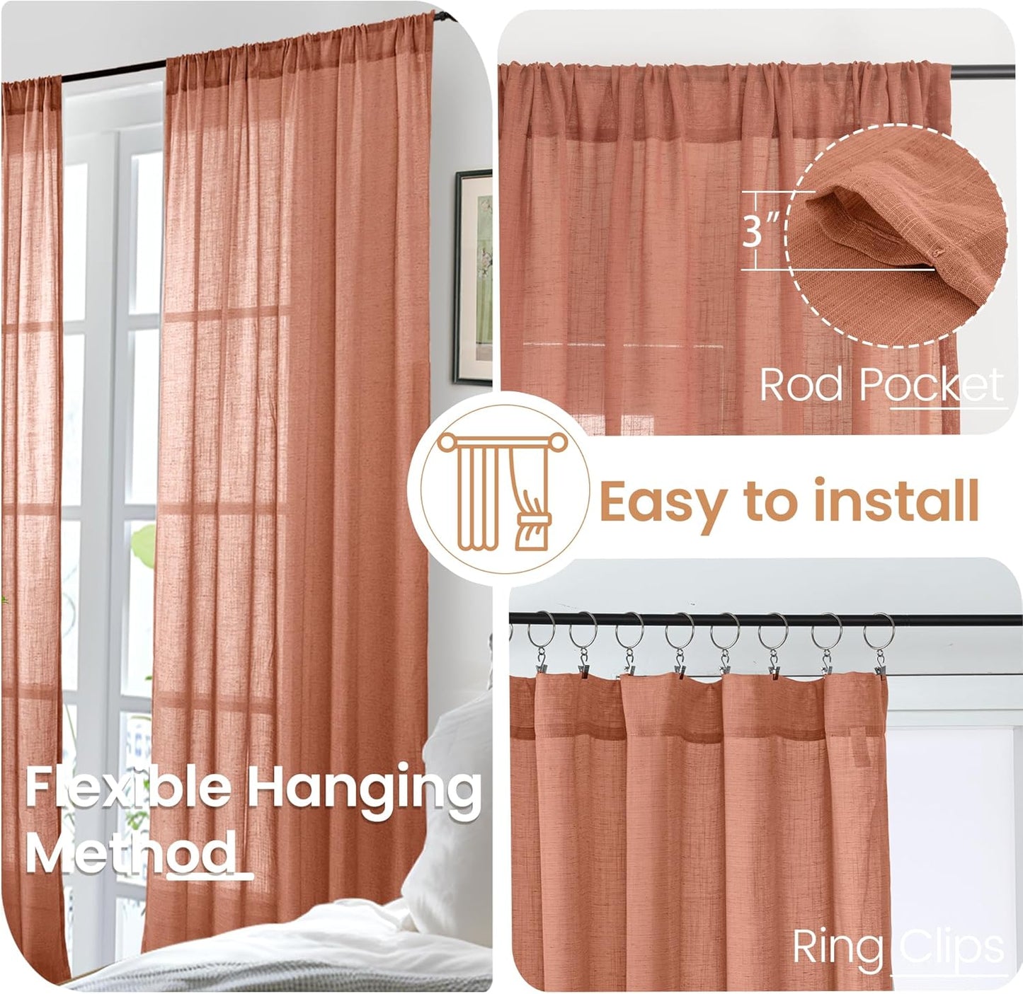 BGment Terracotta Linen Fall Curtains for Living Room 84 Inches Long, Burnt Orange Light Filtering Drapes Semi Sheer with Rod Pocket for Bedroom Boho Rust Color, Each 52 Inch Wide