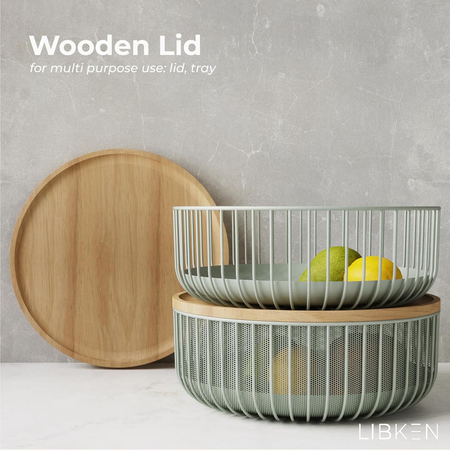 Metal Wire Mesh Fruit Baskets with Wooden Lid - Fly-Proof Indoor Solution for Fresh Fruits - Covered Fruit Bowl - Produce Cover Against Flies for Banana, Tomato and Vegetables - Green