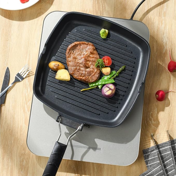 SKITCHN Grill Pan With Folding Handle, Nonstick for Stove Tops, Induction Compatible KBBQ With Pour Spouts, Indoor Square BBQ Grilling - 9IN