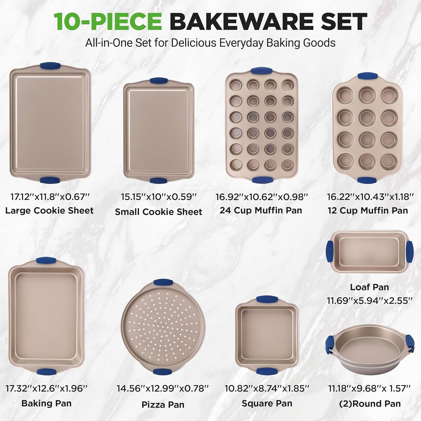 NutriChef 10-Piece Nonstick Bakeware Set - Premium Carbon Steel Baking Pan Set w/Heatsafe Silicone Handles, Includes Pizza Crisper, Loaf Pan, 12 & 24 Cup Muffin Pans, Cake Pans, Cookie Sheets