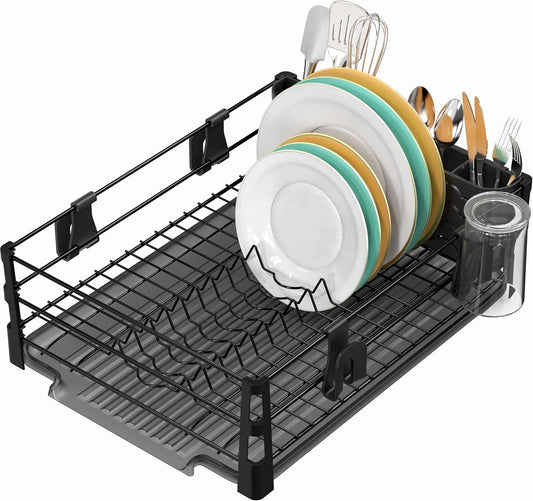SIMPLE HOUSEWARE Dish Drying Rack with Drainboard, Utensil Holder & Mug Hooks, Black Metal Kitchen Counter Organizer