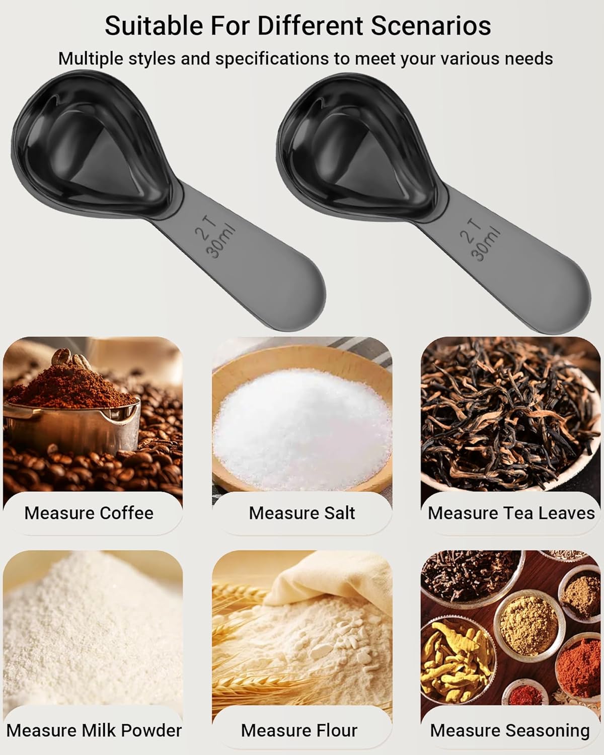 Coffee Scoop 30ml 2PCS, 2 Tablespoon Measuring Spoons, Ergonomics Design Coffee Scooper Stainless Steel Manufacture，Coffee Scoop for Ground Coffee Protein Powder Sugar Cereal (Black, 2 tbsp-30ml)