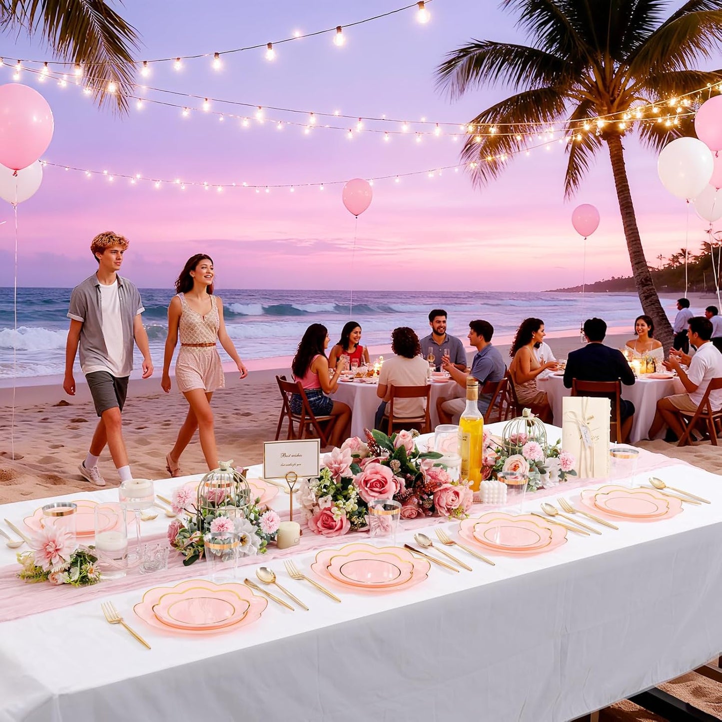 EI 180pcs Pink Plastic Plates with Gold Plastic Silverware,Heavy-Duty Disposable Plates for Party,White Dinnerware Set for 30 Guest Wedding,Birthday