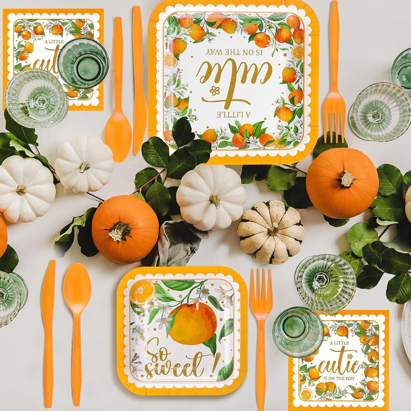 350 Pcs Paper Plates and Napkins Set Disposable Dinnerware Party Supplies Tableware Serve 50 Guest Cups Knife Forks Spoon(Orange,Little Cutie)