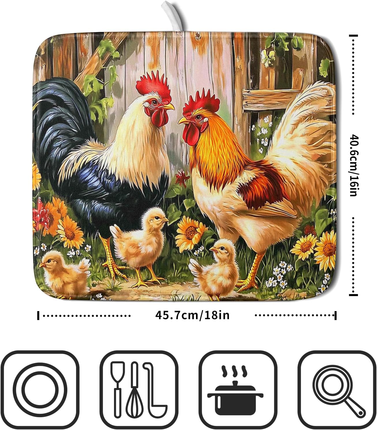 Rooster Chickens Dish Drying Mats 16x18 Inch,Farmhouse Wooden Fence Sunflower Microfiber Absorbent Quick-Dry Drainer Rack Sink Protector Pad for Kitchen Counter Decor