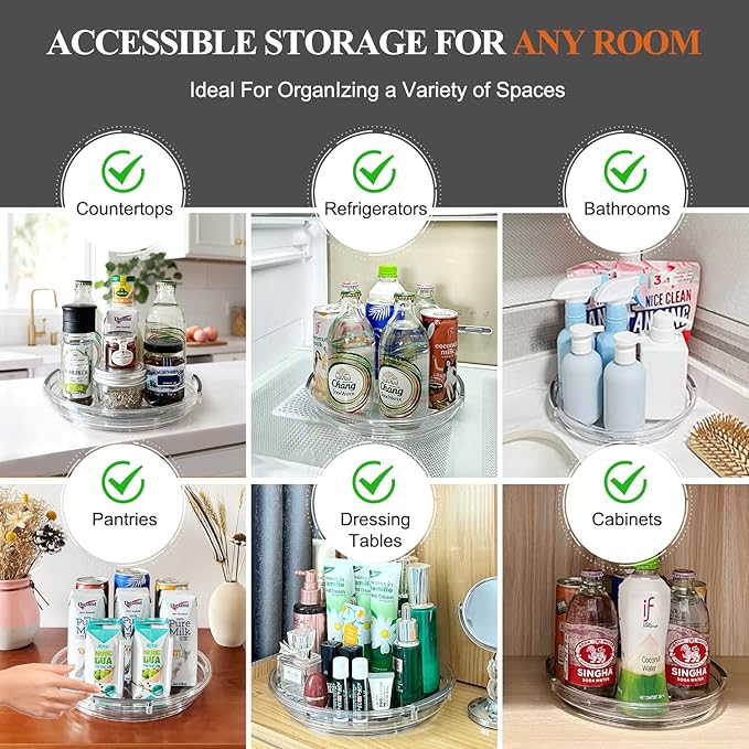 Clear Lazy Susan Organizer Turntable for Cabinet Table Top, 9.25 Inch 2 Pack 360 Rotating Spinning Makeup Organizer for Vanity, Kitchen Storage Rack Heavy-Duty Pantry Spices Tray Countertop Organizer