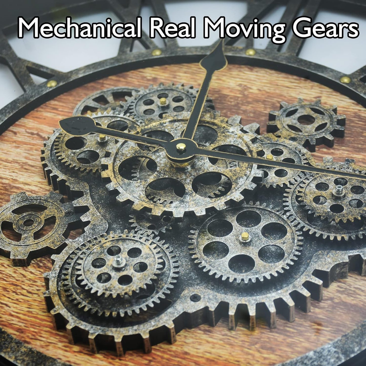 DORBOKER 24" Large Wall Clock with Moving Gears,Oversize Vintage Industrial Rustic Farmhouse Clocks for Living Room Decor Office Home,Solid Wood HD Tempered Glass Cover,Brown