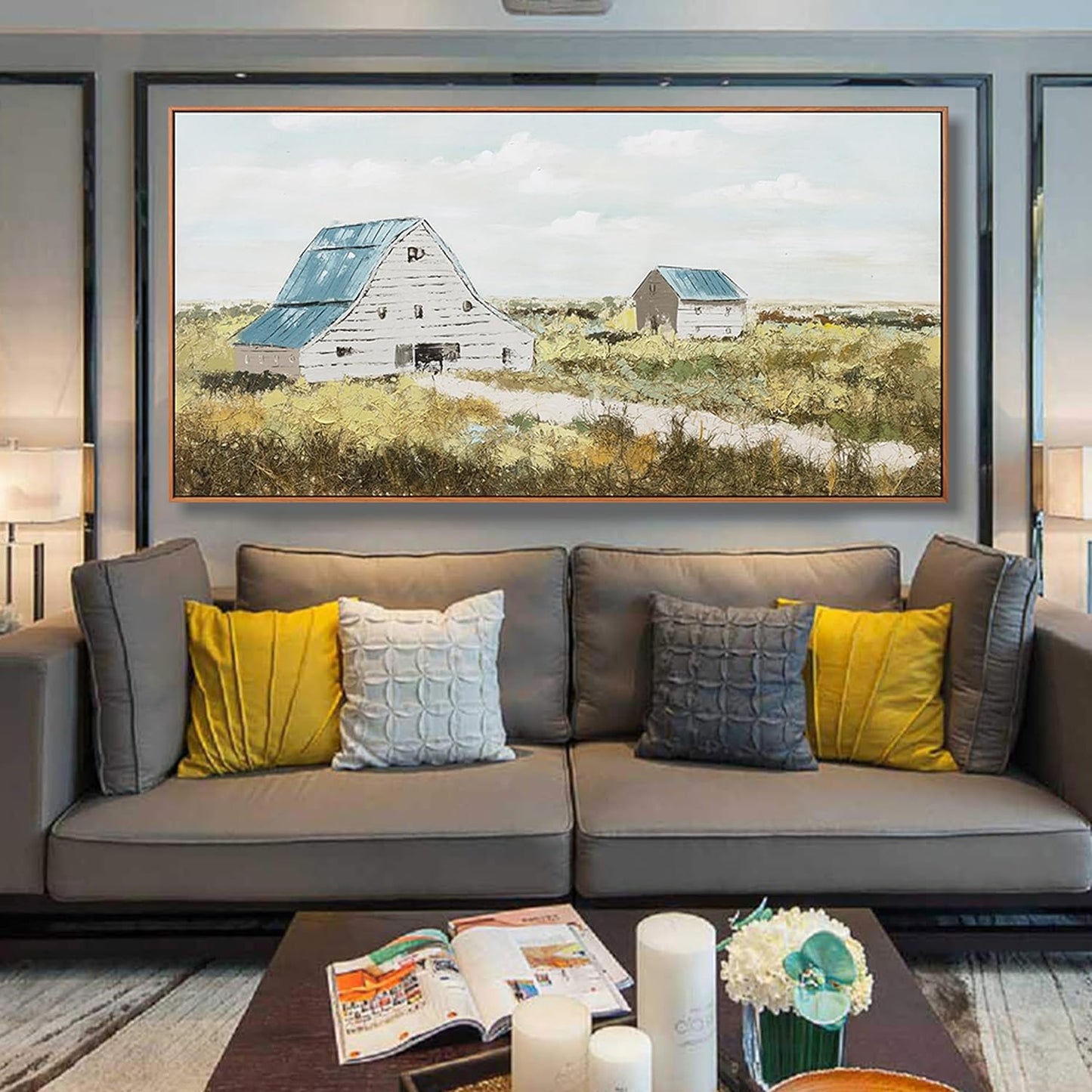 Green and White Canvas Wall Art Decor Home Decor Art Prints Natural Landscape Modern Framed Wall Decorations Artwork Field Cabin for Living Room Wall Bedroom Office Decor 24"×48"