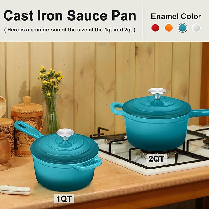 Enameled Cast Iron Sauce Pan with Lid, Leonyo 1 Quart Saucepan with Lid, Enamel Cast Iron Pot Dutch Oven Kitchen Cookware for All Cooktops Cooking Pasta, Soup, Milk - Up to 500°F & 4.4Lbs, Lake Green