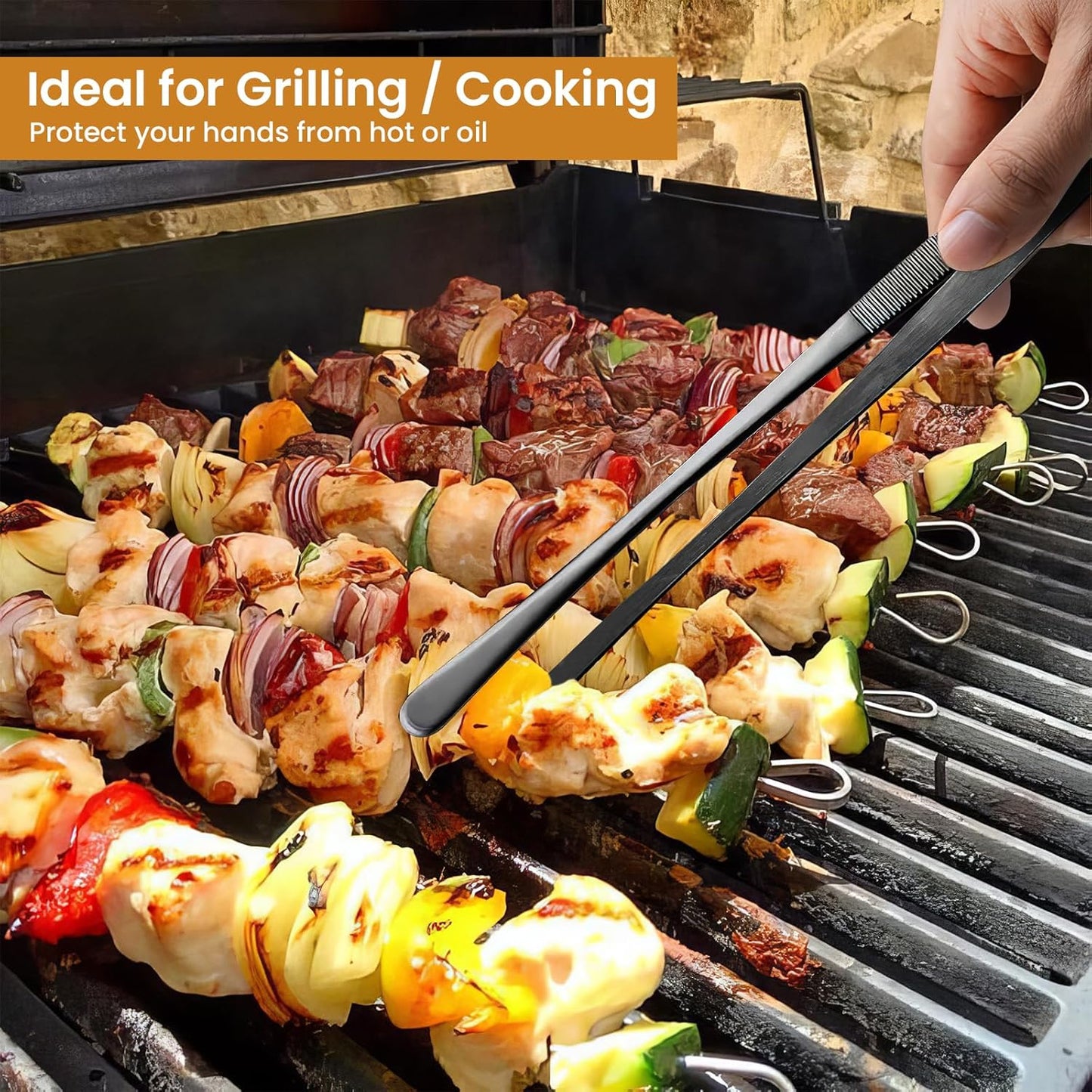 GEEKHOM 2 Pcs 12-Inch Black Professional Chef Tweezers, Stainless Steel Fine Tongs for Precision Cooking, Grilling, Meat and Baking