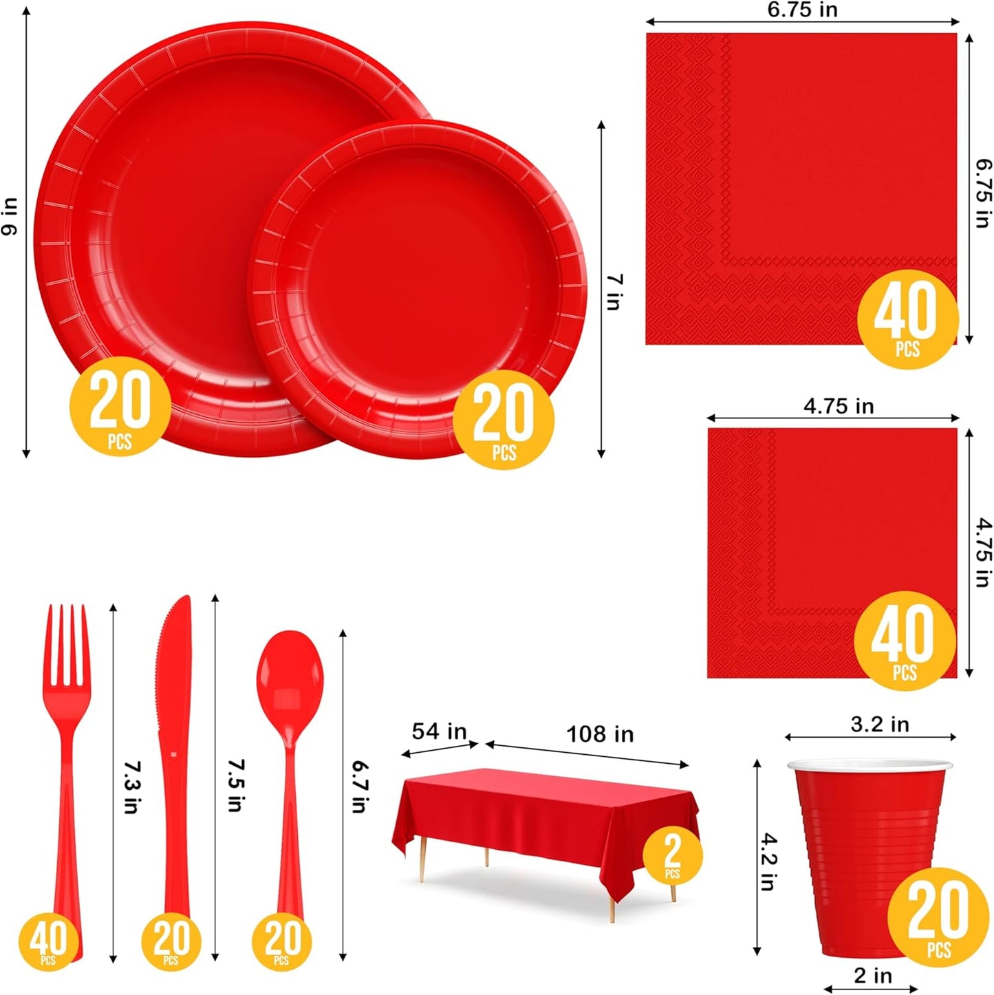 222 Pcs Red Paper Plates and Napkins Sets, Disposable Plates For Party, Lunch & Cocktail Napkins Paper, 18oz Plastic Cups, Cutlery and Red Table cloth Plastic Dinnerware Set