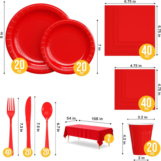 222 Pcs Red Paper Plates and Napkins Sets, Disposable Plates For Party, Lunch & Cocktail Napkins Paper, 18oz Plastic Cups, Cutlery and Red Table cloth Plastic Dinnerware Set